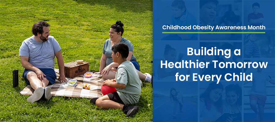 Family having lunch at park, next to text that reads Childhood Obesity Awareness Month