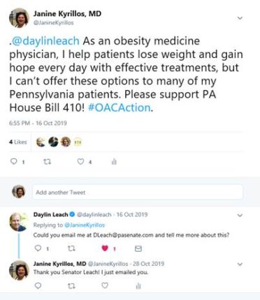 Tweet conversation around passing obesity legislation in PA