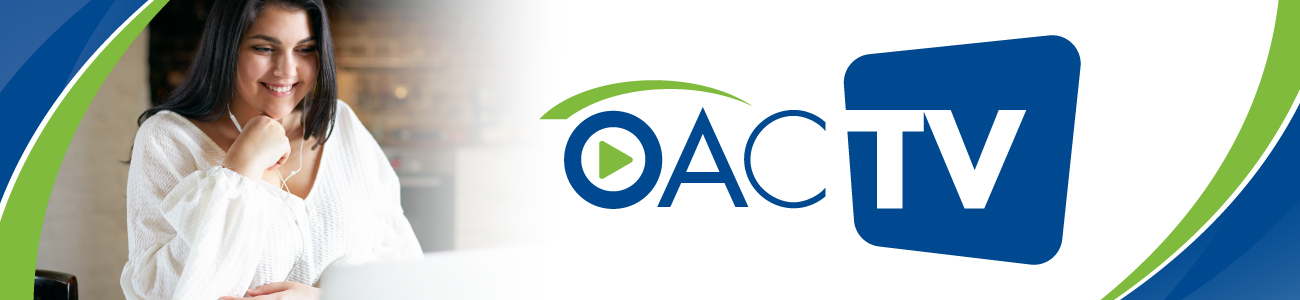 woman looking at computer screen, OAC TV logo